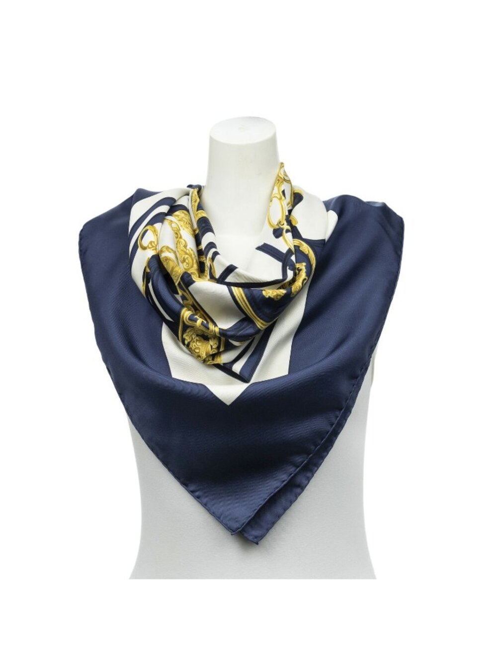 Hermes Scarf Navy Ivory Gold Silk